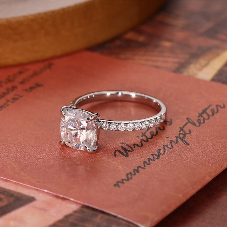 2.0 Ct Cushion Moissanite Ring, Cushion Moissanite ring, 10/14k Solid Gold Ring, Cushion Bridal Ring