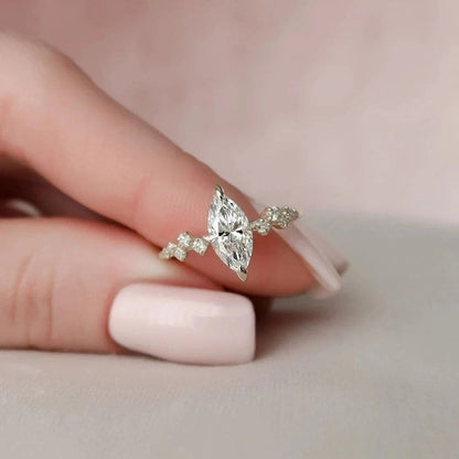 1.0 CT Marquise Moissanite  Ring, Minimalist Marquise Ring, Hidden Halo Marquise Ring