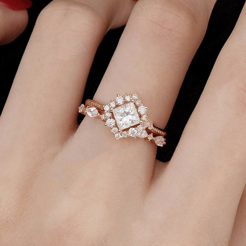 1.5 Ct Princess Moissanite Ring 14K Rose Gold Ring  Halo Ring, Stacking Rings, Promise Ring