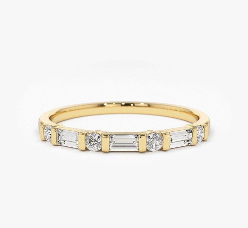 Baguette and Round Colorless Moissanite Wedding Band, Half Eternity Band, Yellow Gold Band, Stackable Band