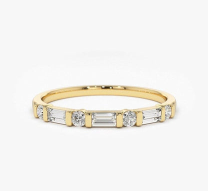 Baguette and Round Colorless Moissanite Wedding Band, Half Eternity Band, Yellow Gold Band, Stackable Band