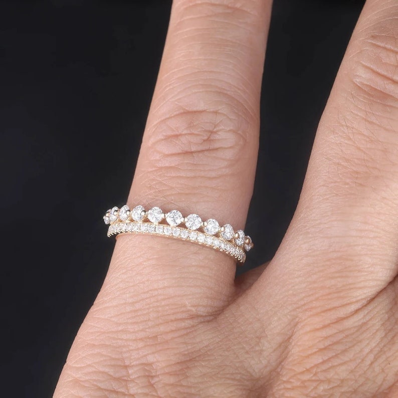 Round cut Moissanite Band, Half Eternity Band in Solid Rose/White Gold, Moissanite Band, Women Stacking Band