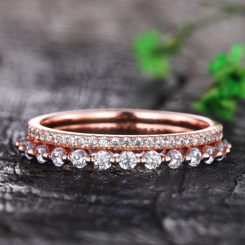 Round cut Moissanite Band, Half Eternity Band in Solid Rose/White Gold, Moissanite Band, Women Stacking Band