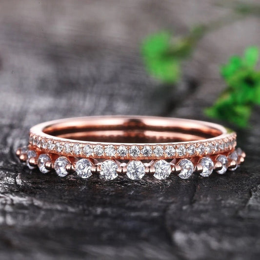 Round cut Moissanite Band, Half Eternity Band in Solid Rose/White Gold, Moissanite Band, Women Stacking Band