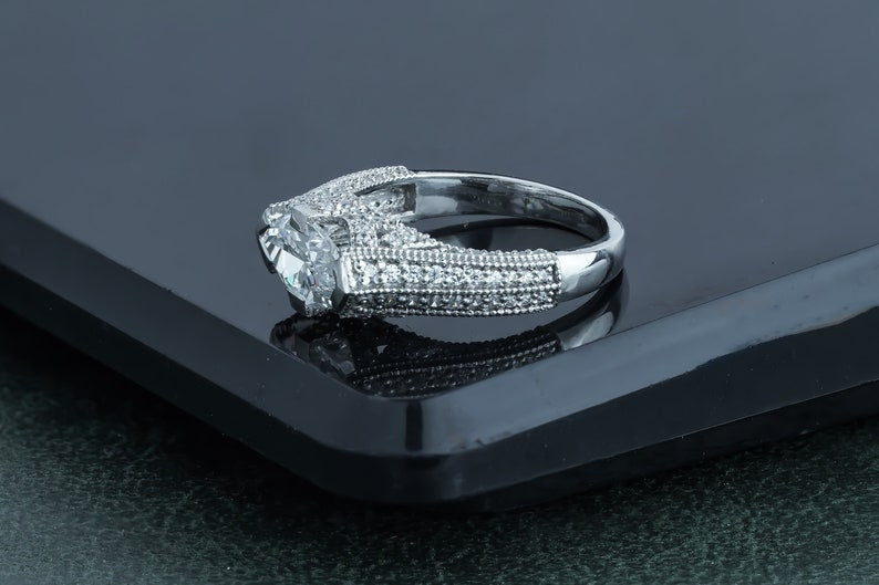 2 Carat Moissanite Diamond Cocktail Ring, Big Natural Marquise Brilliant Cut Pave White Gold Ring