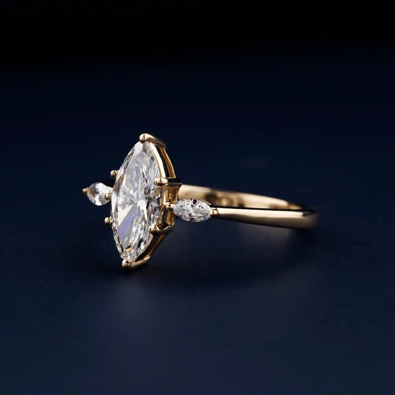 1 Ct Marquise Moissanite Diamond Ring, 14K Yellow Gold Hand Made Diamond Trilogy Ring, Proposal Ring For Her