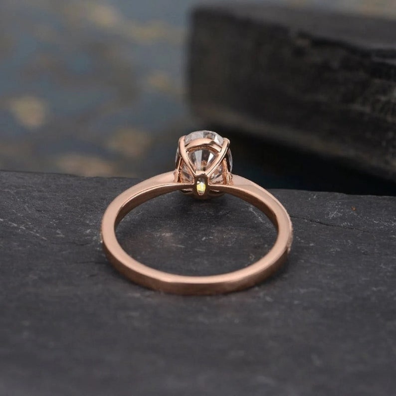 14K Rose Gold Moissanite Diamonds Cathedral Oval Solitaire Ring Minimalist Oval Ring Half Eternity Ring