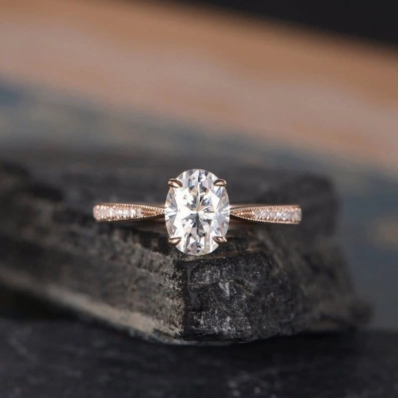 14K Rose Gold Moissanite Diamonds Cathedral Oval Solitaire Ring Minimalist Oval Ring Half Eternity Ring