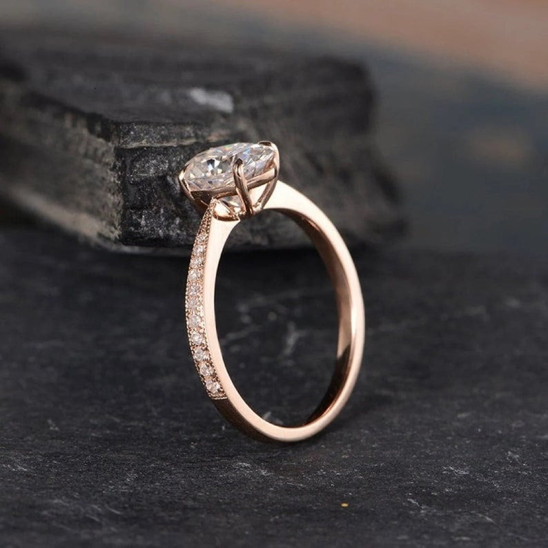 14K Rose Gold Moissanite Diamonds Cathedral Oval Solitaire Ring Minimalist Oval Ring Half Eternity Ring