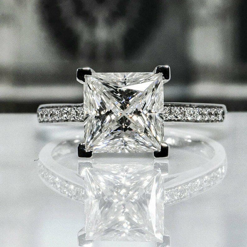 3 CT Princess Cut Moissanite Ring, Gifts Ring For Her, 14K White Gold Ring, Ring, 4 Prong Solitaire Ring