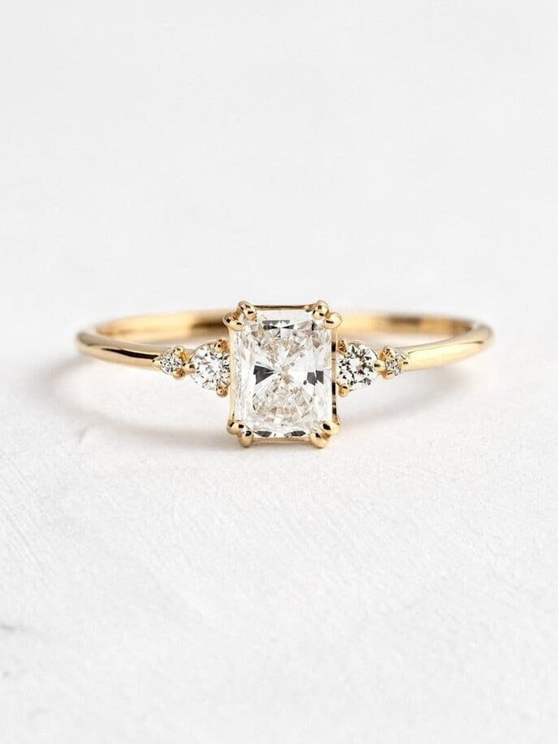 1 CT Radiant Cut Moissanite Ring 14K Solid Gold Ring Solitaire With Accent Ring