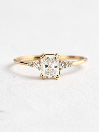 1 CT Radiant Cut Moissanite Ring 14K Solid Gold Ring Solitaire With Accent Ring