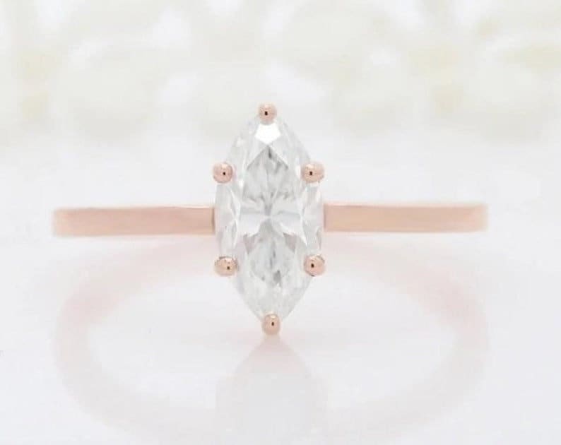 1 CT Marquise Moissanite Ring With Pear & Round Diamond Band Solitaire Solid Gold Ring