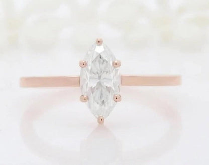 1 CT Marquise Moissanite Ring With Pear & Round Diamond Band Solitaire Solid Gold Ring