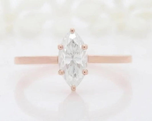 1 CT Marquise Moissanite Ring With Pear & Round Diamond Band Solitaire Solid Gold Ring