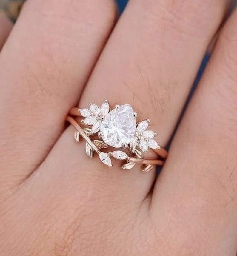 1.25 Ct Pear Moissanite Ring Set, Cluster Rose Gold  Ring, Promise gift