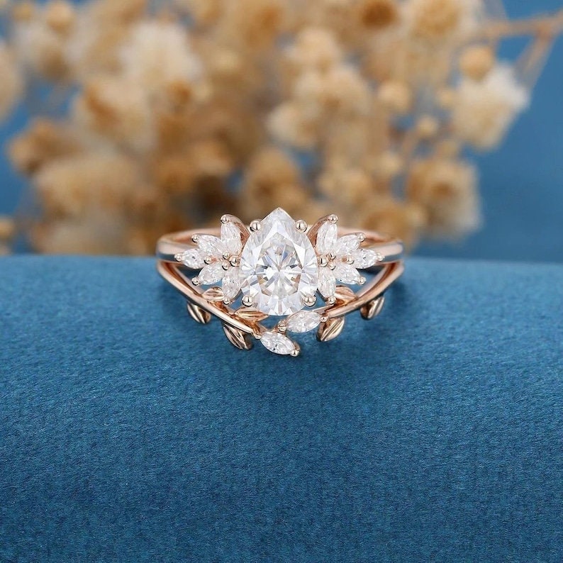 1.25 Ct Pear Moissanite Ring Set, Cluster Rose Gold  Ring, Promise gift