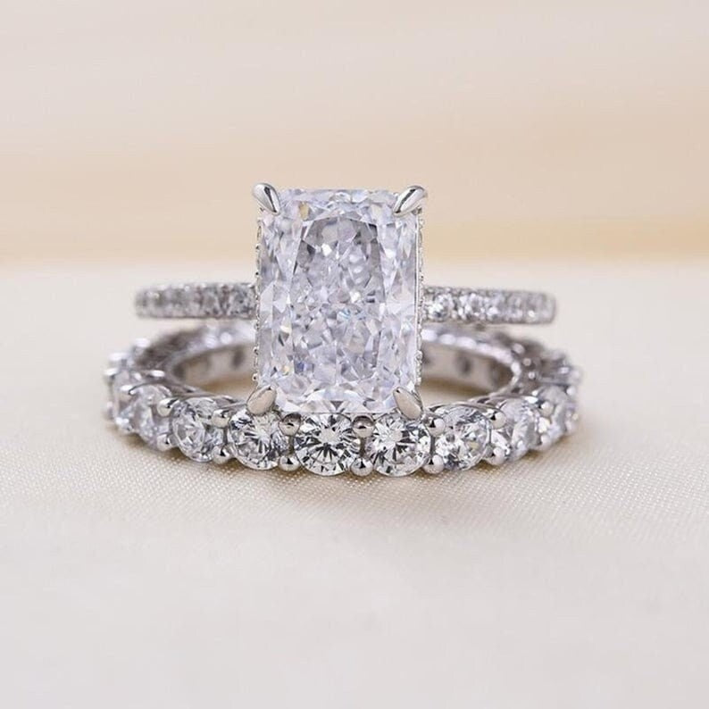 3.5 CT Radiant Moissanite Ring Set, 14K White Gold Bridal Ring Set, Solitaire Bridal Set