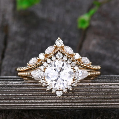 Vintage Round Moissanite ring set, unique solid gold ring, women marquise cut band, Gift