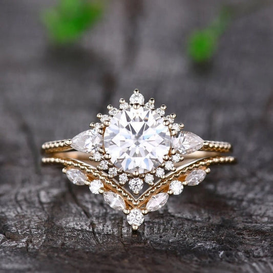 Vintage Round Moissanite ring set, unique solid gold ring, women marquise cut band, Gift