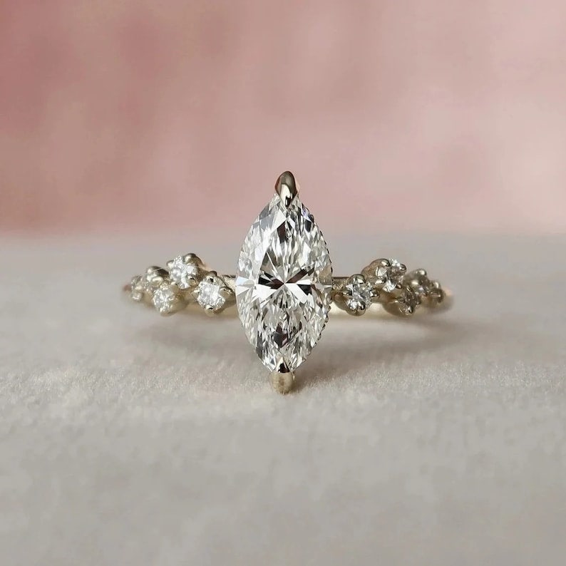 1.0 CT Marquise Moissanite  Ring, Minimalist Marquise Ring, Hidden Halo Marquise Ring