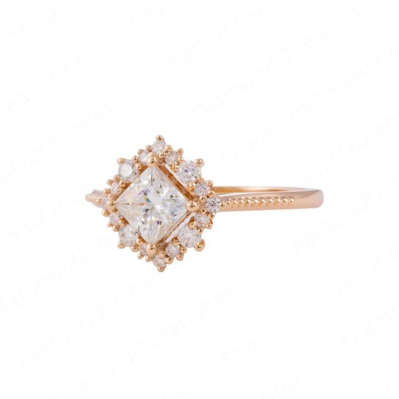 1.5 Ct Princess Moissanite Ring 14K Rose Gold Ring  Halo Ring, Stacking Rings, Promise Ring