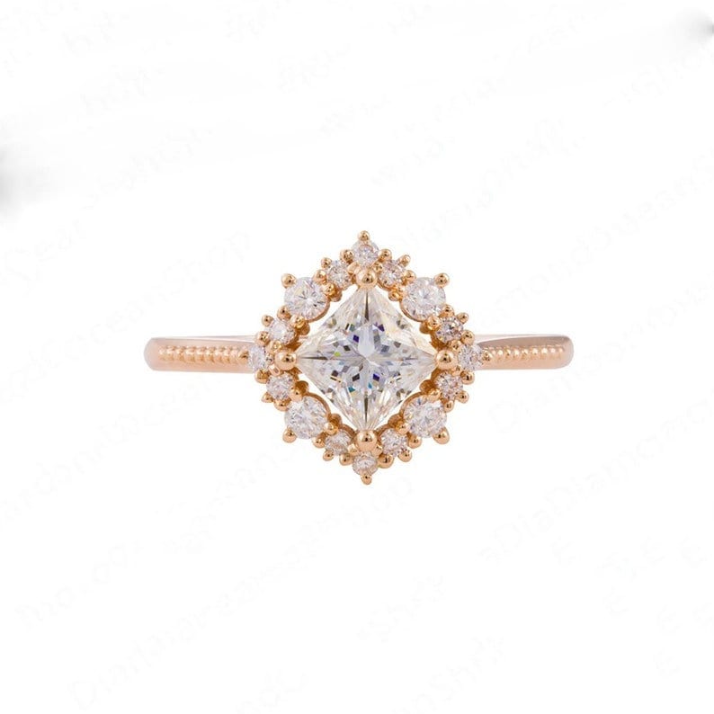 1.5 Ct Princess Moissanite Ring 14K Rose Gold Ring  Halo Ring, Stacking Rings, Promise Ring