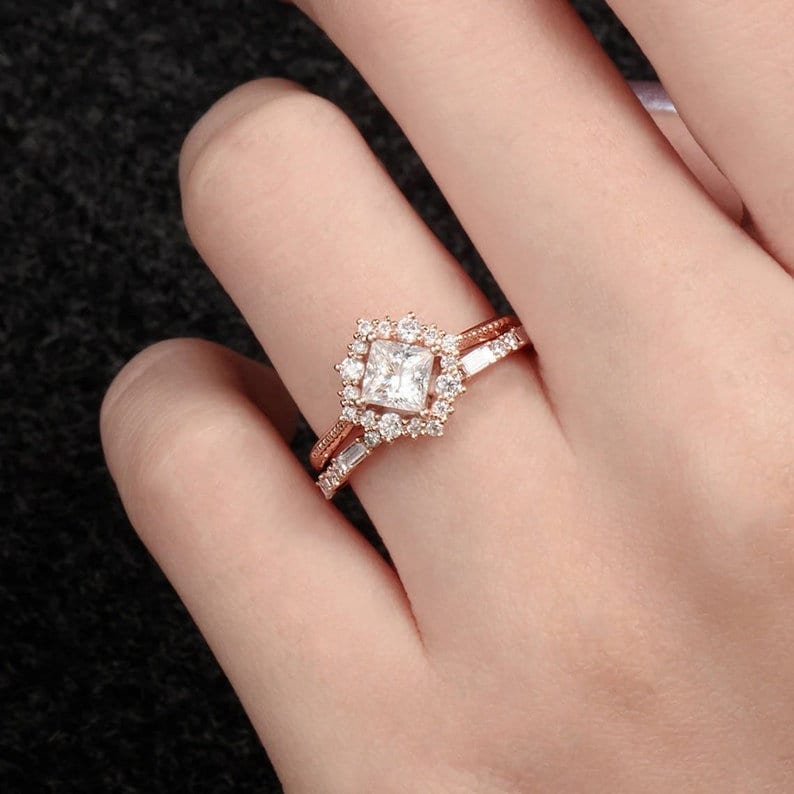 1.5 Ct Princess Moissanite Ring 14K Rose Gold Ring  Halo Ring, Stacking Rings, Promise Ring