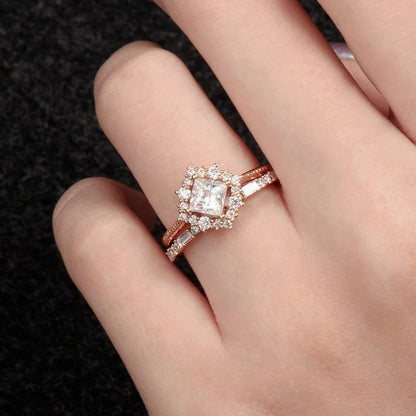 1.5 Ct Princess Moissanite Ring 14K Rose Gold Ring  Halo Ring, Stacking Rings, Promise Ring