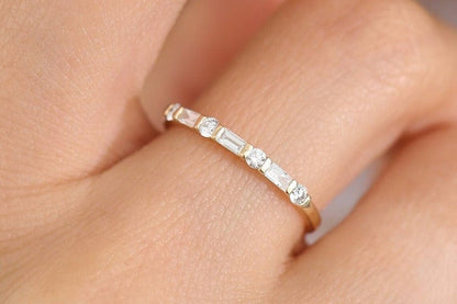 Baguette and Round Colorless Moissanite Wedding Band, Half Eternity Band, Yellow Gold Band, Stackable Band