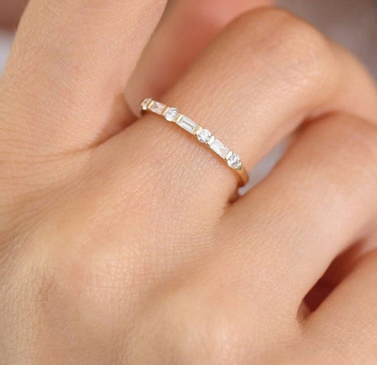 Baguette and Round Colorless Moissanite Wedding Band, Half Eternity Band, Yellow Gold Band, Stackable Band