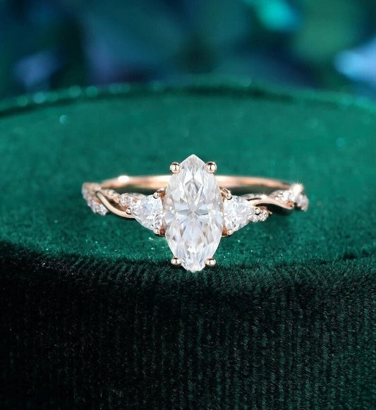 1.5 CT Vintage Marquise Moissanite Ring, Unique Rose Gold Twist Ring, Cluster Ring