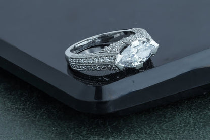 2 Carat Moissanite Diamond Cocktail Ring, Big Natural Marquise Brilliant Cut Pave White Gold Ring