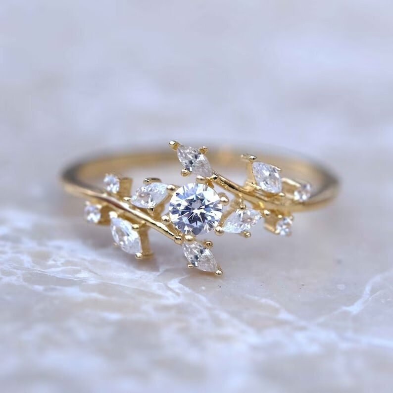 Round Moissanite Diamond Ring Diamond Cluster Ring Unique Moissanite Delicate leaf Bridal Ring