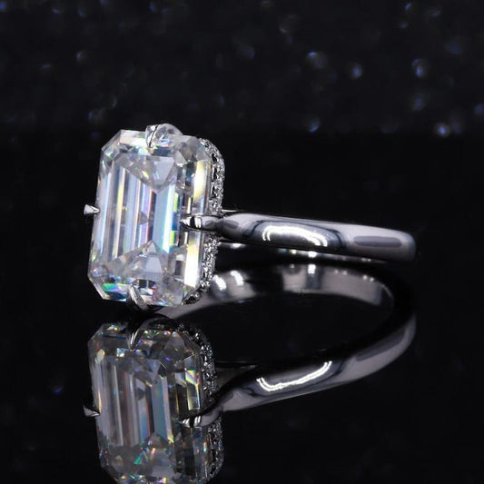 3.8 CT Hidden Halo Solitaire Ring, Forever One Moissanite Ring, Emerald Cut Ring, Yellow Gold Ring