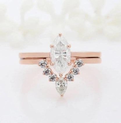 1 CT Marquise Moissanite Ring With Pear & Round Diamond Band Solitaire Solid Gold Ring