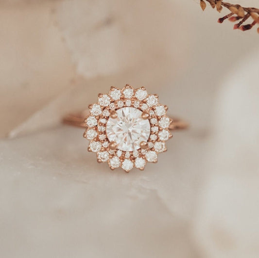 1.3 CT Starburst Round Moissanite Celestial Ring Rose Gold Ring