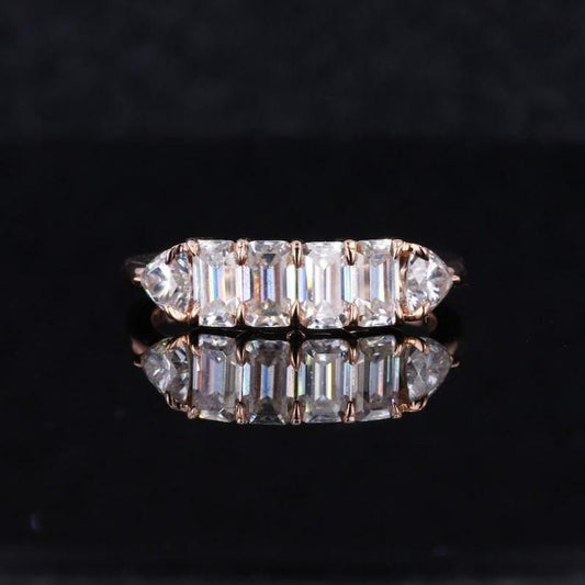 Emerald Cut Moissanite band women yellow gold Unique eternity band