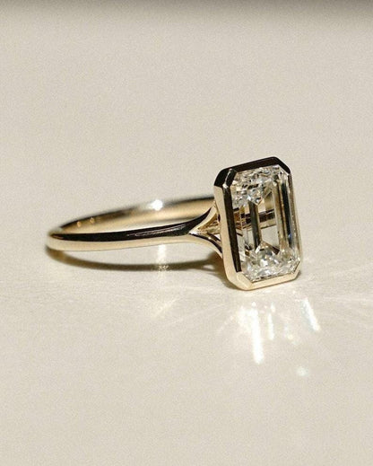 Emerald Cut Moissanite Diamond Ring 925 Silver Ring Bezel Set Emerald Cut Solitaire Ring  14K Solid Yellow Gold Ring Gifts