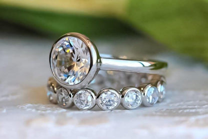 Bezel Set Solitaire Ring Set 14K Gold Ring Set Moissanite Ring Bezel Set Eternity Band Ring