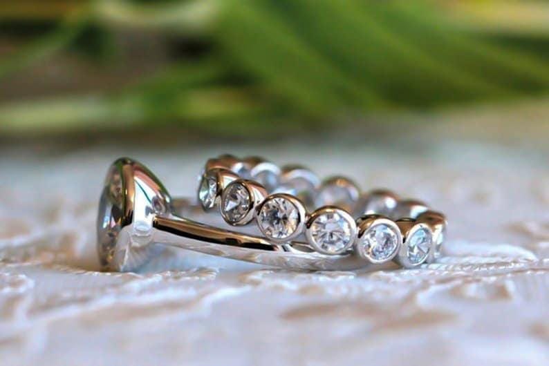 Bezel Set Solitaire Ring Set 14K Gold Ring Set Moissanite Ring Bezel Set Eternity Band Ring