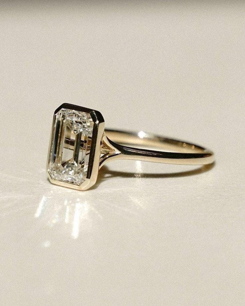 Emerald Cut Moissanite Diamond Ring 925 Silver Ring Bezel Set Emerald Cut Solitaire Ring  14K Solid Yellow Gold Ring Gifts