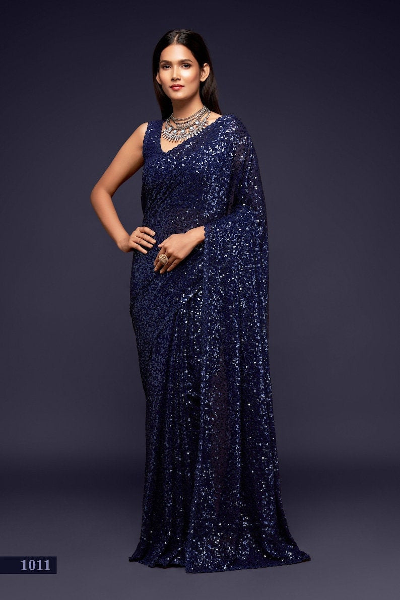 Blue Color Georgette sequins work saree Bollywood wear Saree