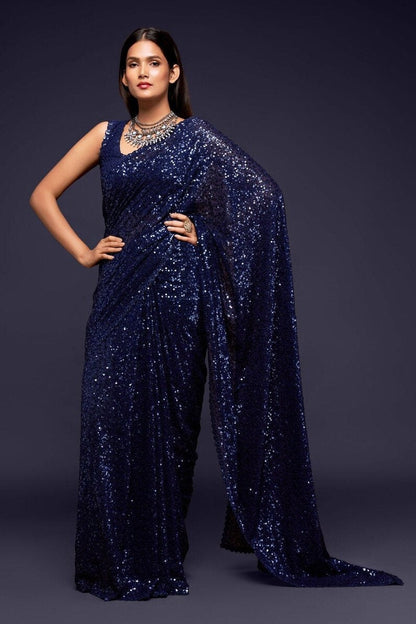 Blue Color Georgette sequins work saree Bollywood wear Saree