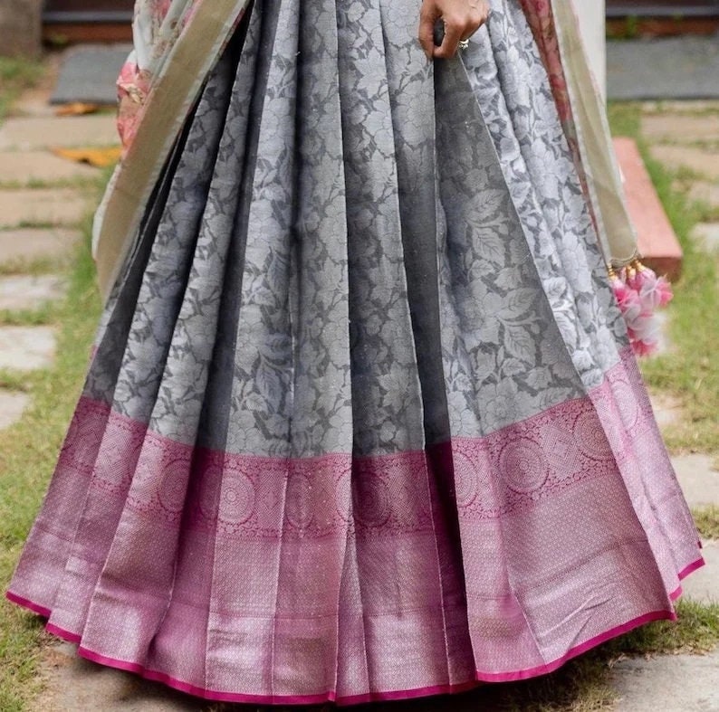 Grey Color Designer Kanjivaram Silk Half Saree Zari South Indian