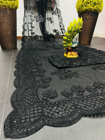 Black Colour beautiful Designer Saree on Soft Net fabric with and