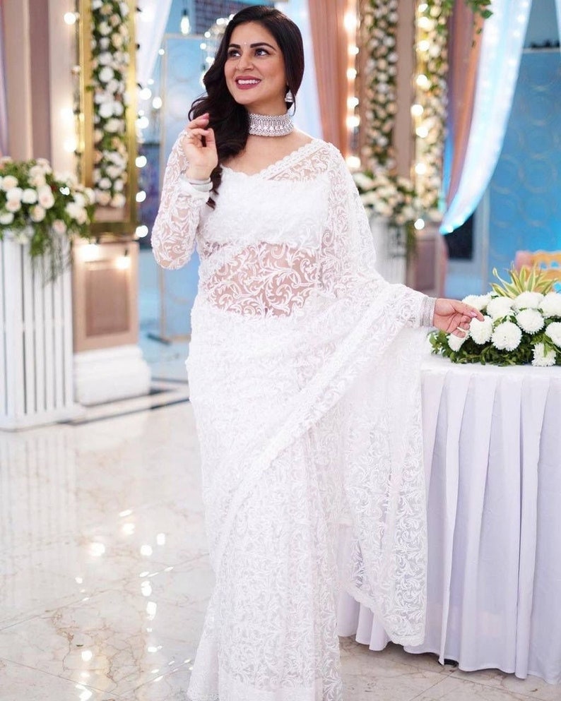 Party Wear white Soft Net Saree And Soft Net Blouse For Women