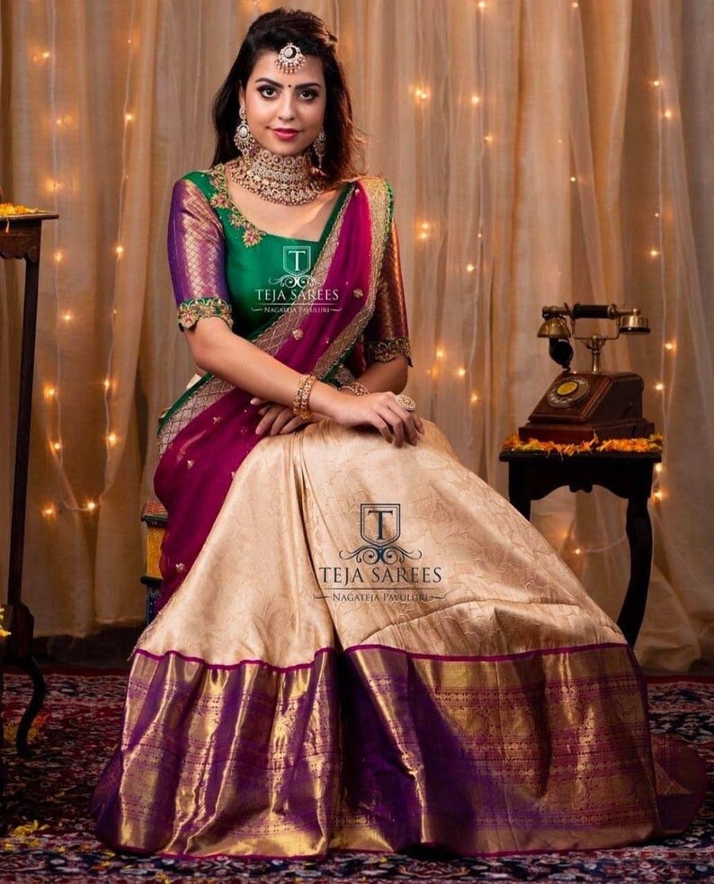 New popular kanjivaram silk half Saree lehenga purple color weaving south Indian wedding half saree lehenga stitched Women blouse and lehenga