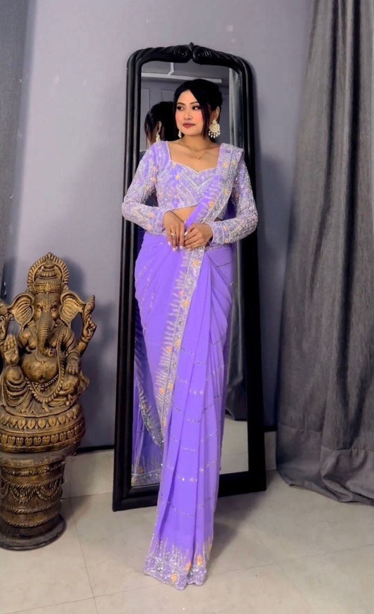 Designed light purple Georgette Saree For Women, Designer Saree,