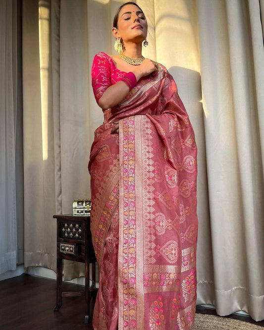 Pink color Peach Color Soft Banarasi Silk Saree With Blouse With Copper Zari Work Saree